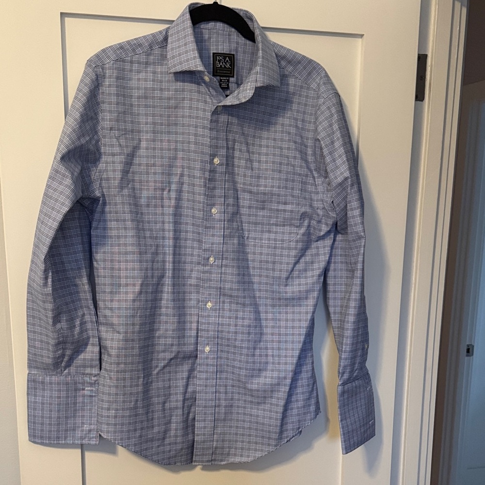 Jos. A. Bank Blue Checkered Cuff Link Sleeve Dress Shirt 15 1/2-33